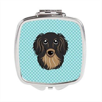 BB1151SCM Checkerboard Blue Longhair Black And Tan Dachshund Compact Mirror, 2.75 x 3 x .3 In.