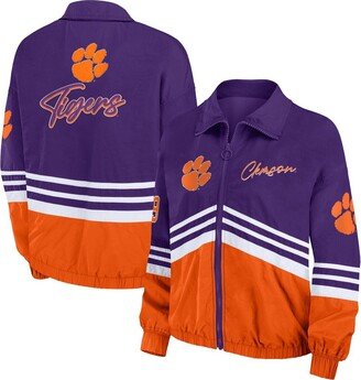 Women's Wear by Erin Andrews Purple Distressed Clemson Tigers Vintage-Like Throwback Windbreaker Full-Zip Jacket