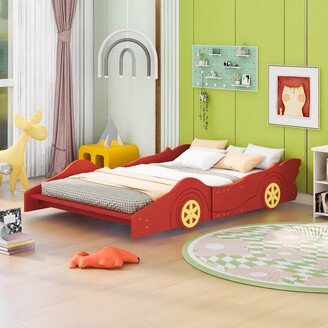 EDWINRAY Full Size Race Car-Shaped Platform Bed with Wheels, Wooden Floor Bed Frame with Support Slats, for Kids Boys Girls Teens, Red