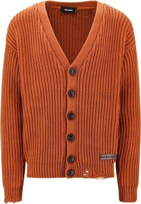 V-Neck Ribbed-Knit Distressed Cardigan-AA