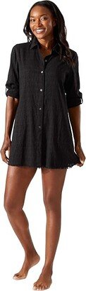 Cotton Clip Jacquard Boyfriend Shirt (Black) Women's Swimwear