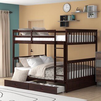 EDWINRAY Modern Wooden Solid wood Frame Full-Over-Full Bunk Bed with Ladders and Two Storage Drawers,Include a Headboard & Footboard