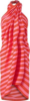 Kate Austin Designs Lightweight Anni Organic Cotton Satin Beach Cover-Up Sarong With Tassels In Orange And Pink Cabana Stripe Block Print