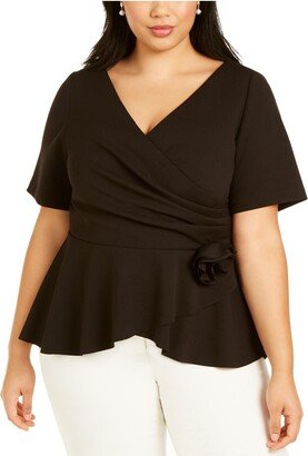 Plus Womens Faux Wrap Rosette Wrap Top