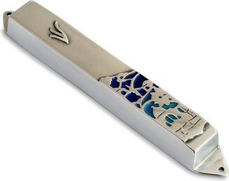 Rectangle Large Pewter Jerusalem Mezuzah Case With Blue & Turquoise Enamel Colors