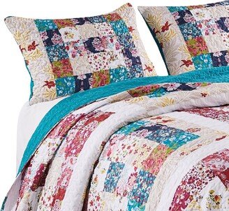 Zay 36 Inch King Pillow Sham, Patchwork Floral Print, Teal Blue Microfiber