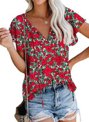 SimpleFun Womens Plus Size Bohemian Tops Flower Print Caged Sleeve Casual Summer Chiffon Blouses (Floral6