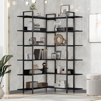 EDWINRAY 74.8 Inch Bookshelf L-shape MDF Boards Stainless Steel Frame Corner 6-tier Shelves Adjustable Foot Pads