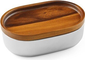 Oblong Nest Alloy Bowl with Acacia Wood Lid, Chilled Serving Bowl with Multifunctional Wooden Lid/Tray, 10 Inch,