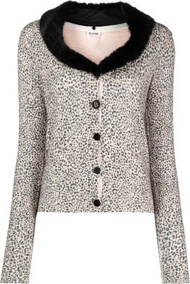 Leopard-Pattern Faux-Fur Collar Cardigan