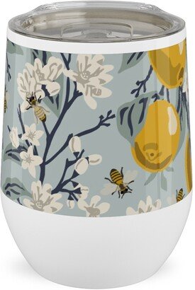 Travel Mugs: Bees, Blossoms & Lemons - Blue Stainless Steel Travel Tumbler, 12Oz, Blue