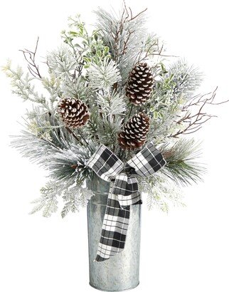 28 Frosted Greenery and Pinecone with Plaid Bow Artificial Christmas Arrangement in Decorative Tin - White