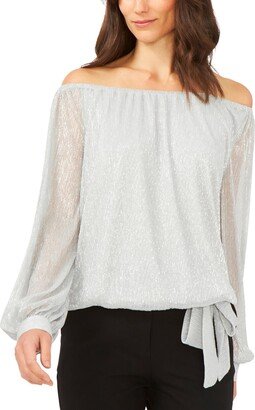 Petites Womens Metallic Sheer Blouse