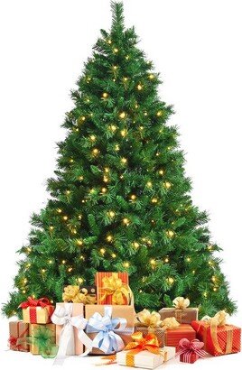 Tangkula Pre-Lit Hinged Lifelike Xmas Tree, 7FT Lush Artificial Christmas Tree W/ 1208 PVC Tips 500 LED Lights 8 Flash Modes