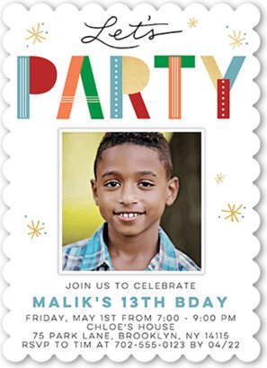 Boy Birthday Invitations: Brightly Celebrated Boy Birthday Invitation, Blue, 5X7, Pearl Shimmer Cardstock, Scallop