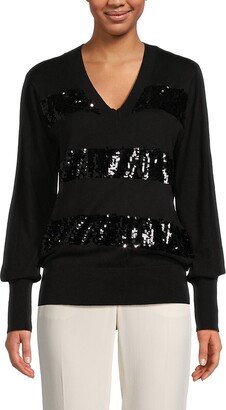 DKNY Women's V Neck Sequin Blouson Sweater