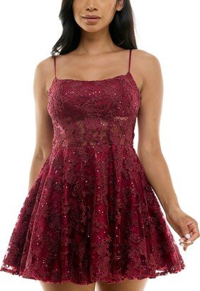 Juniors' Scoop-Neck Embroidered Sequin Fit & Flare Dress - Wine/wine