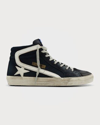 Men's Distressed Denim & Leather High-Top Sneakers