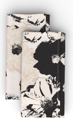 Cloth Napkins: Vintage Roses - Black & Cream Cloth Napkin, Longleaf Sateen Grand, Black