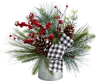 Frosted Pinecones and Berries Artificial Arrangement in Vase with Decorative Plaid Bow, 12