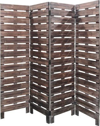 4 Panel Wooden Room Divider with Horizontal Planks, Brown