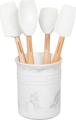 Stoneware Crock and 4 Piece Utensil Set with Marble Applique