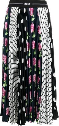 Mix-Print Pleated Long Skirt