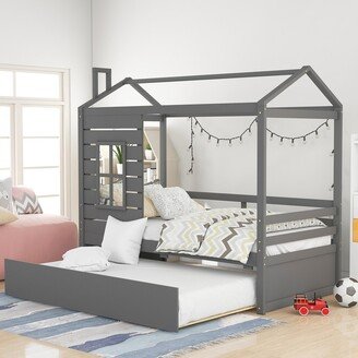 Joliwing Twin Size House Bed For Kids,Twin Bed Frame with Trundle For Sleepovers,Grey