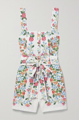 Belted Shirred Floral-print Linen-blend Playsuit - Multi