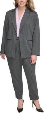 Size One Button Pinstriped Blazer Sleeveless V Neck Shell Top Pinstriped Straight Leg Pants