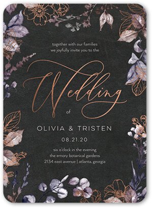 Wedding Invitations: Gleaming Garden Wedding Invitation, Purple, Rose Gold Foil, 5X7, Pearl Shimmer Cardstock, Rounded