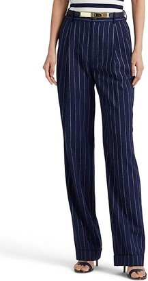 Petite Pinstripe Twill Straight Pants (French Navy/White) Women's Casual Pants