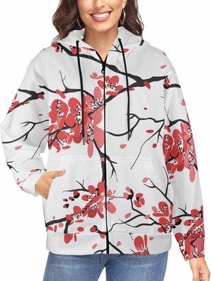 LOSARON Cherry Flower Tree Women's Fall Outfits Comfortable Hoodie with Thumb Holes Full-Zip Hooded Sweatshirt Casual Fashion Jackets 3XL