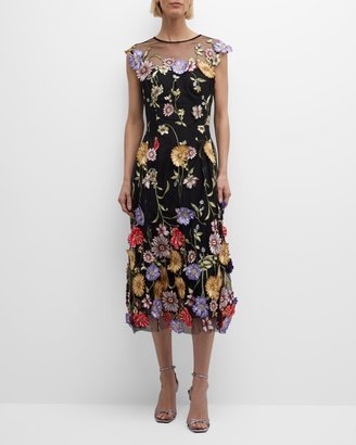 Sleeveless Floral Applique Midi Dress