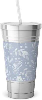 Travel Mugs: Frozen Winter Florals - Silver Stainless Tumbler With Straw, 18Oz, Blue