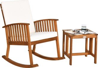 2PCS Acacia Wood Patio Rocking Chair Set Cushioned Coffee Table