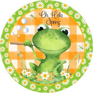 Oh Hello Spring Sign - Frog Floral Round Green & Orange Metal