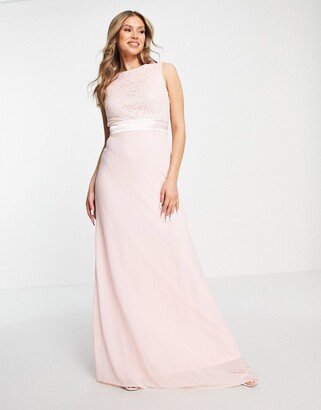 Bridesmaids chiffon maxi dress with lace scalloped back in whisper pink