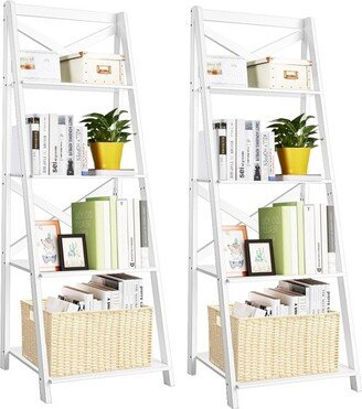 Set of 2 Ladder Shelf 4-Tier Bookshelf Bookcase Storage Display Plant Leaning