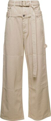 Belted Wide-Leg Trousers in Beige Cotton Man