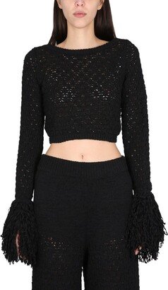 Open-Back Crewneck Cropped Sweater