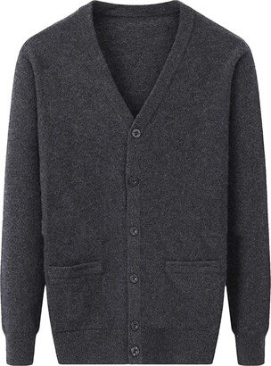 Jegsnoe Men Cashmere Sweater Cardigan Knitted Casual V-Neck Single Breasted Sweater Coat Dark Gray S