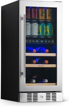 15 Premium Built-in Dual Zone 9 Bottle and 48 Can Wine and Beverage Fridge in Stainless Steel with Split Shelf