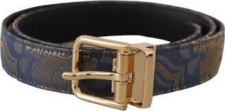 Navy Blue Jacquard Gold Tone Logo Metal Buckle Women's Belt