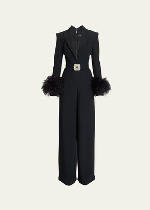 Woven Belted Jumpsuit with Feather Cuffs and Crystal Detail