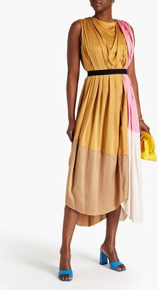 Canvas-trimmed pleated color-block silk midi dress