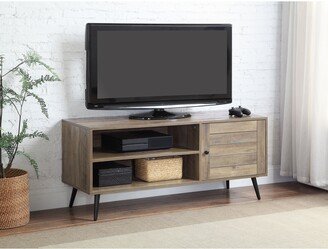 TOSWIN Vintage Metal Frame TV Stands with Locker and Open Partition, Rustic Oak & Black Finish