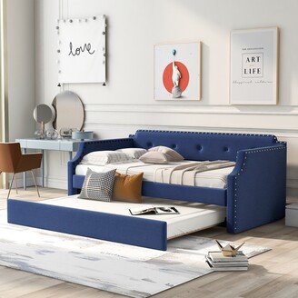 Calnod Twin Size Upholstered Daybed with Trundle, Sofa Bedframe with Wood Slat Support, for Livingroom Bedroom, No Box Spring Required