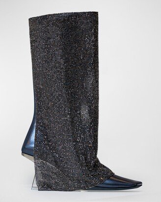 Virginia Crystal Mesh Wedge Knee Boots