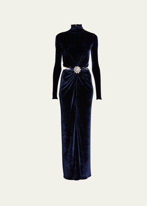 Rabanne Mock-Neck Velvet Ruched Cutout Gown with Crystal Accent